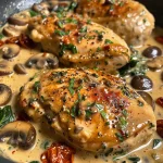 Close-up view of juicy Creamy Mushroom Chicken on a plate, garnished with fresh spinach and herbs.