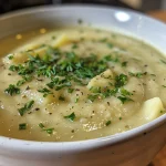 Close-up view of creamy potato leek soup in a bowl, garnished with fresh herbs.