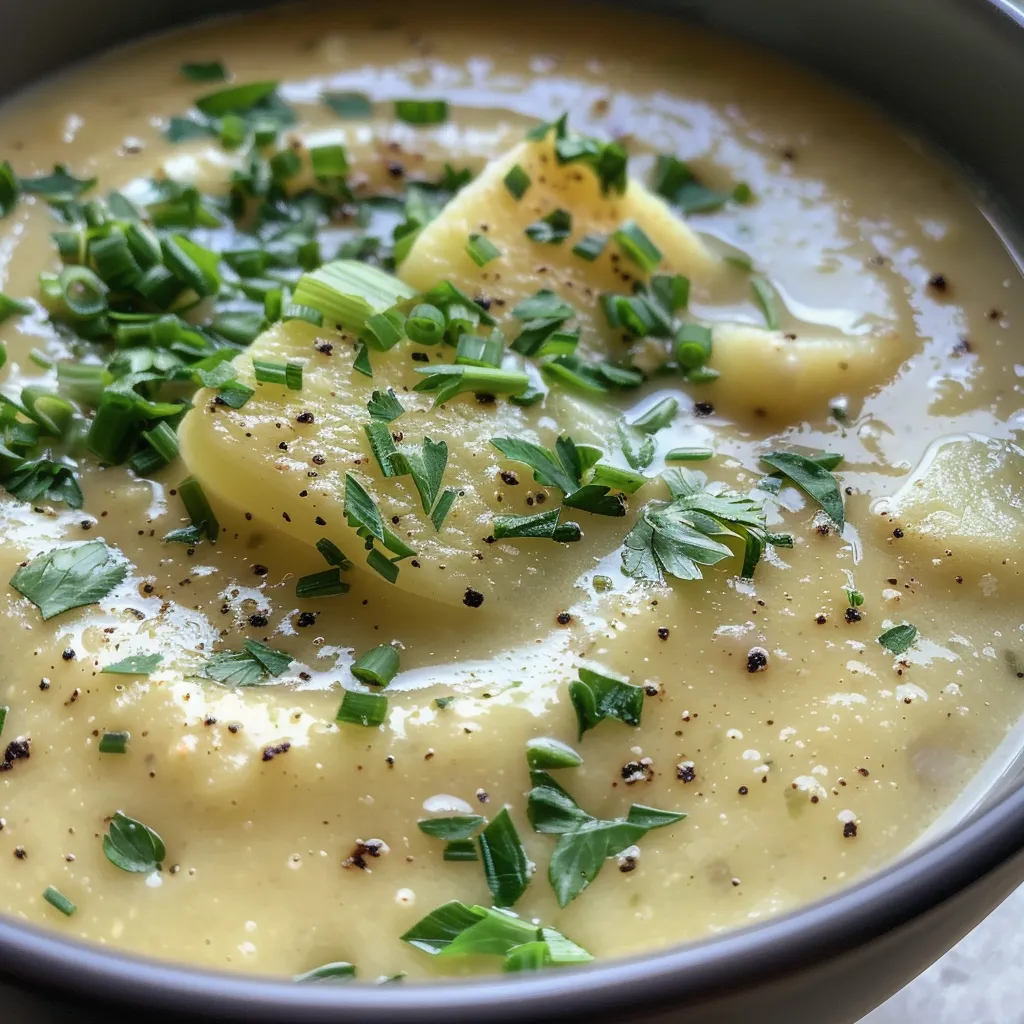 Side perspective of a bowl filled with creamy potato leek soup, revealing its smooth texture.