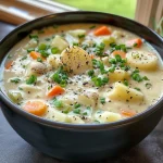 Creamy Potato Vegetable Soup in a bowl with assorted vegetables and herbs.