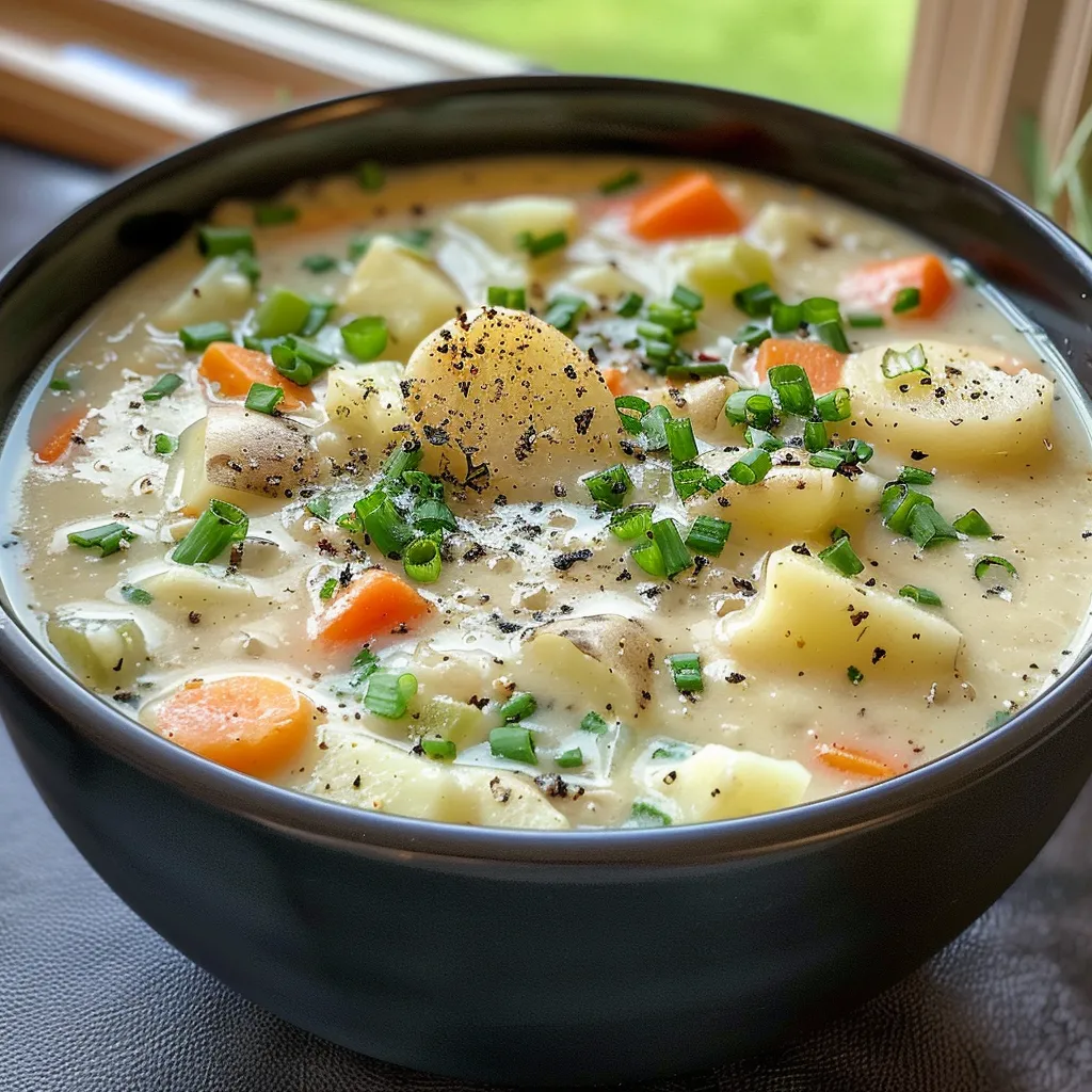 Creamy Potato Vegetable Soup in a bowl with assorted vegetables and herbs.