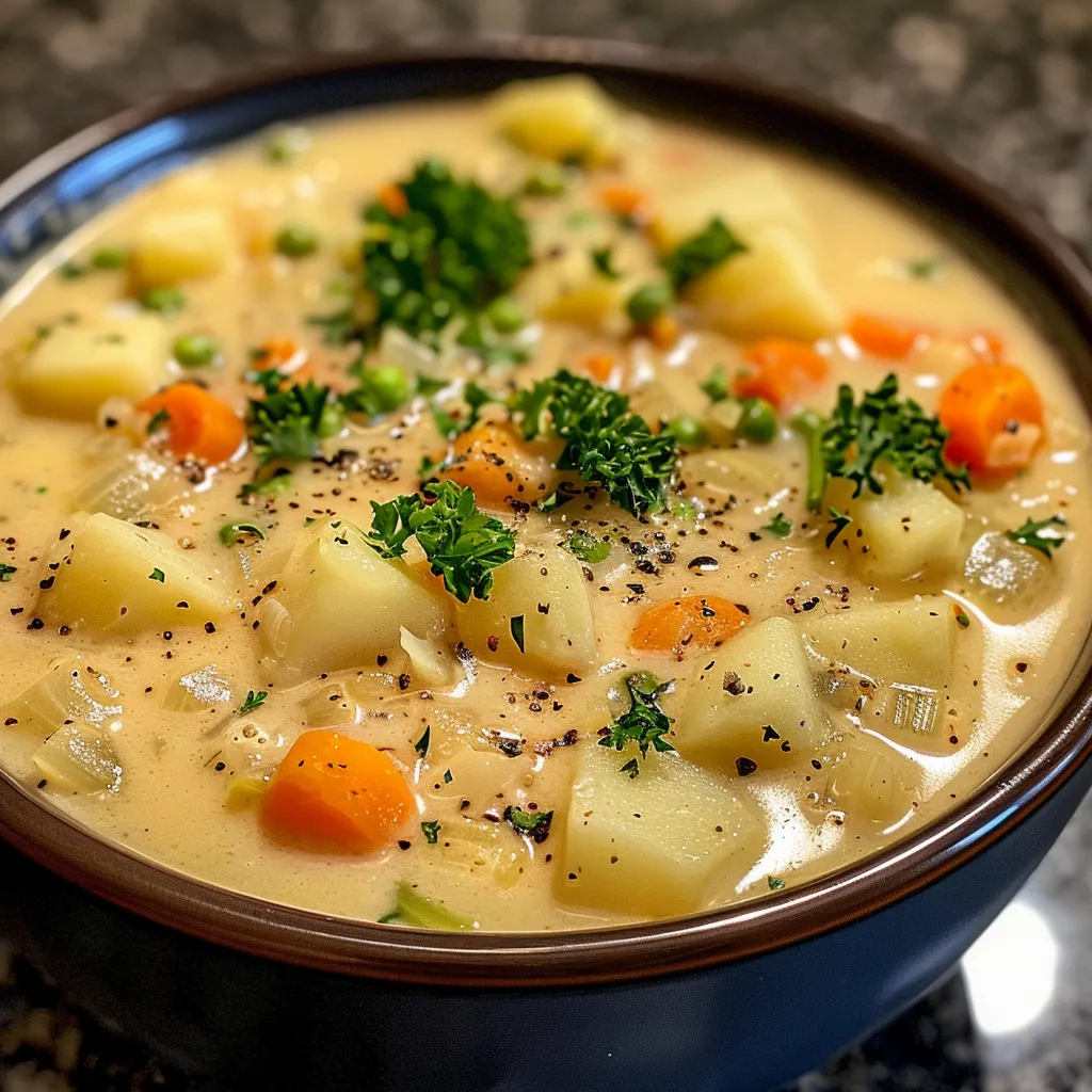 Close-up view of a rich, creamy soup with chunks of potatoes and vibrant vegetables.