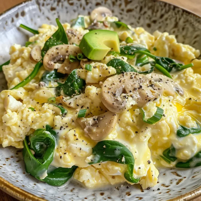 Creamy scrambled eggs garnished with sautéed mushrooms, spinach, and sliced avocado on a white plate.
