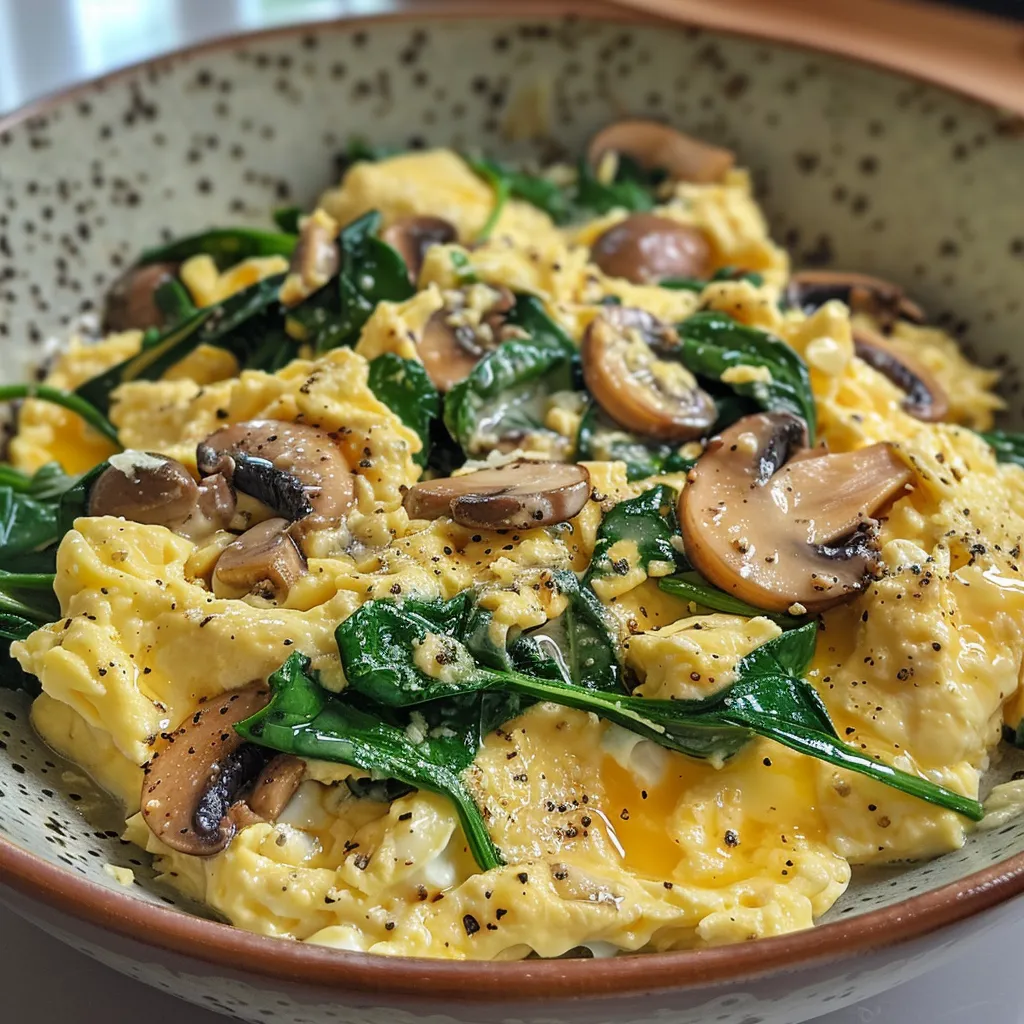 A close-up view of fluffy scrambled eggs with fresh spinach and mushrooms, topped with avocado slices.