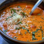 Close-up view of creamy tomato soup in a bowl, garnished with herbs.