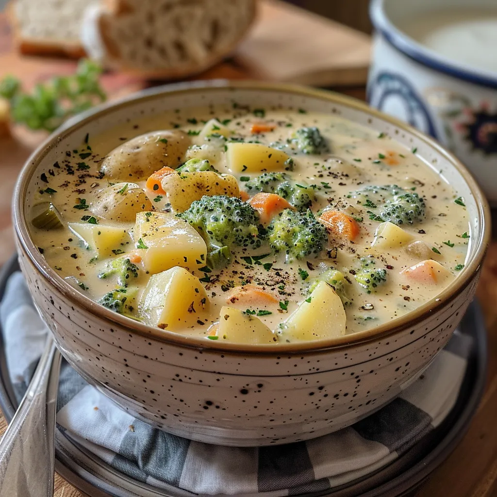 Side view of a bowl filled with thick, vibrant vegetable soup.