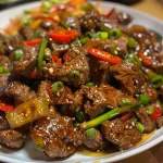 A close-up side view of crispy chilli beef, showcasing the tender strips of beef and colorful bell peppers.