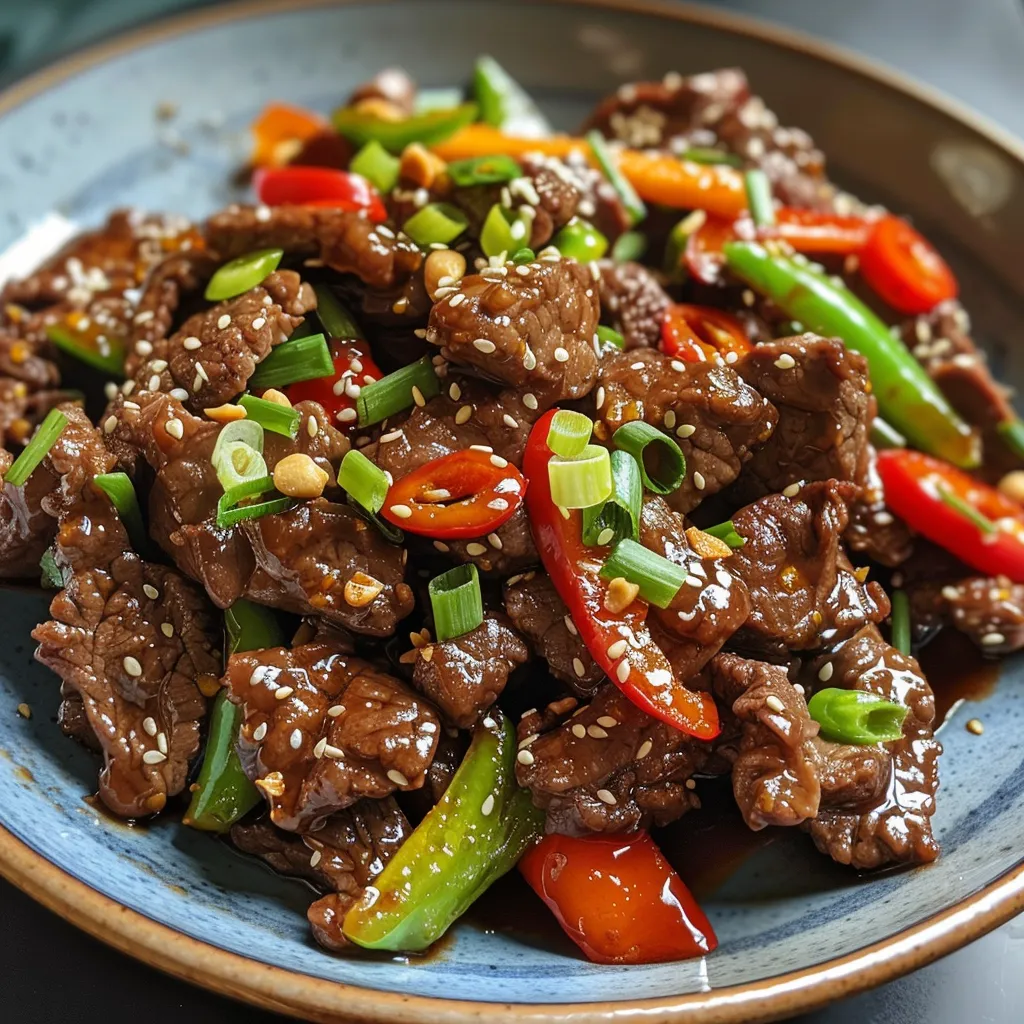 Juicy crispy chilli beef with a glossy sauce, viewed from the side, highlighting the vibrant red and green peppers.