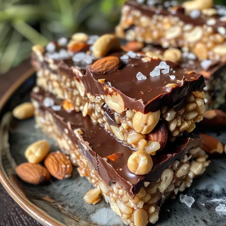 Close-up of a dark chocolate and sea salt nut bar with visible nuts and chocolate chips.