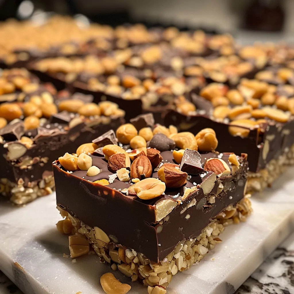 Side view of a nut bar topped with sea salt and dark chocolate, showcasing a mix of cashews, peanuts, and almonds.