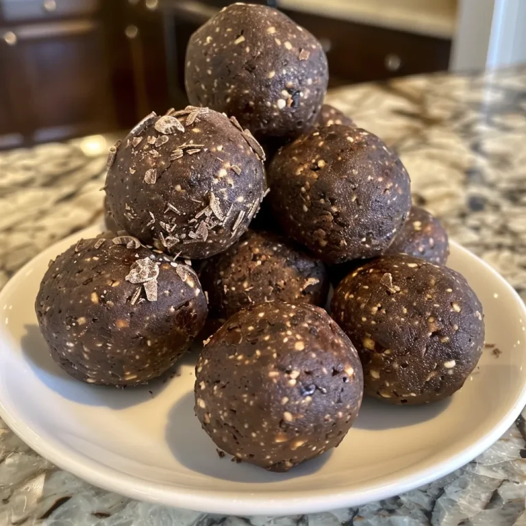 Side view of dark chocolate protein balls on a wooden surface.