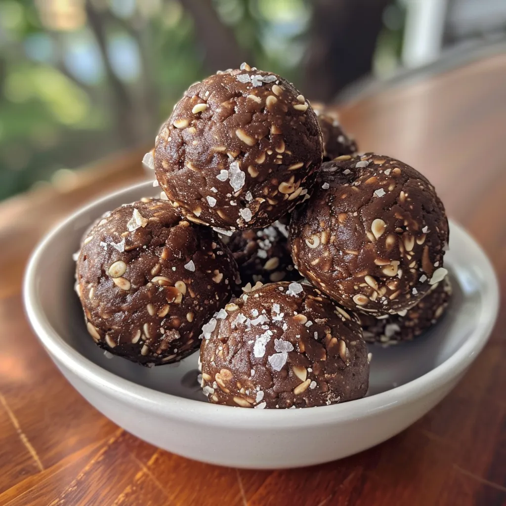 Close-up of rich, glossy dark chocolate protein balls sprinkled with flaked sea salt.