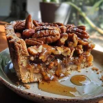 Close-up side view of a Date Caramel Pecan Crumble Tart with a golden crust and a rich filling.