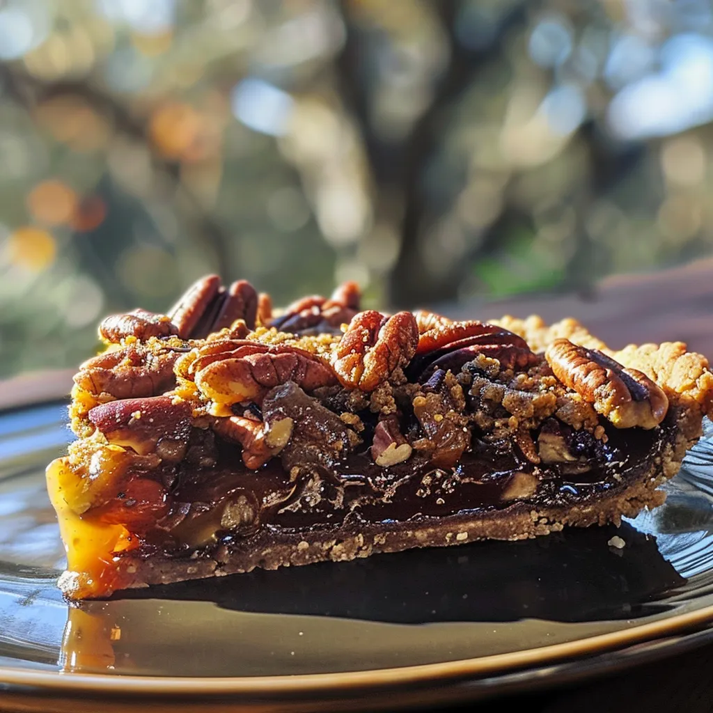 A deliciously textured Date Caramel Pecan Crumble Tart showcasing chunks of pecan and caramel.