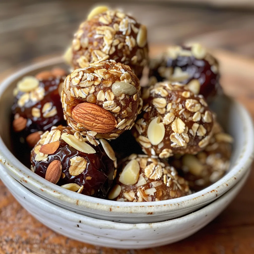 Side view of a cluster of Date Nuts Energy Balls with a blurred background, highlighting their round shape.