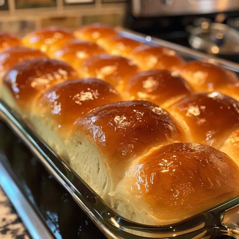A close-up view of golden, fluffy dinner rolls arranged neatly on a surface.