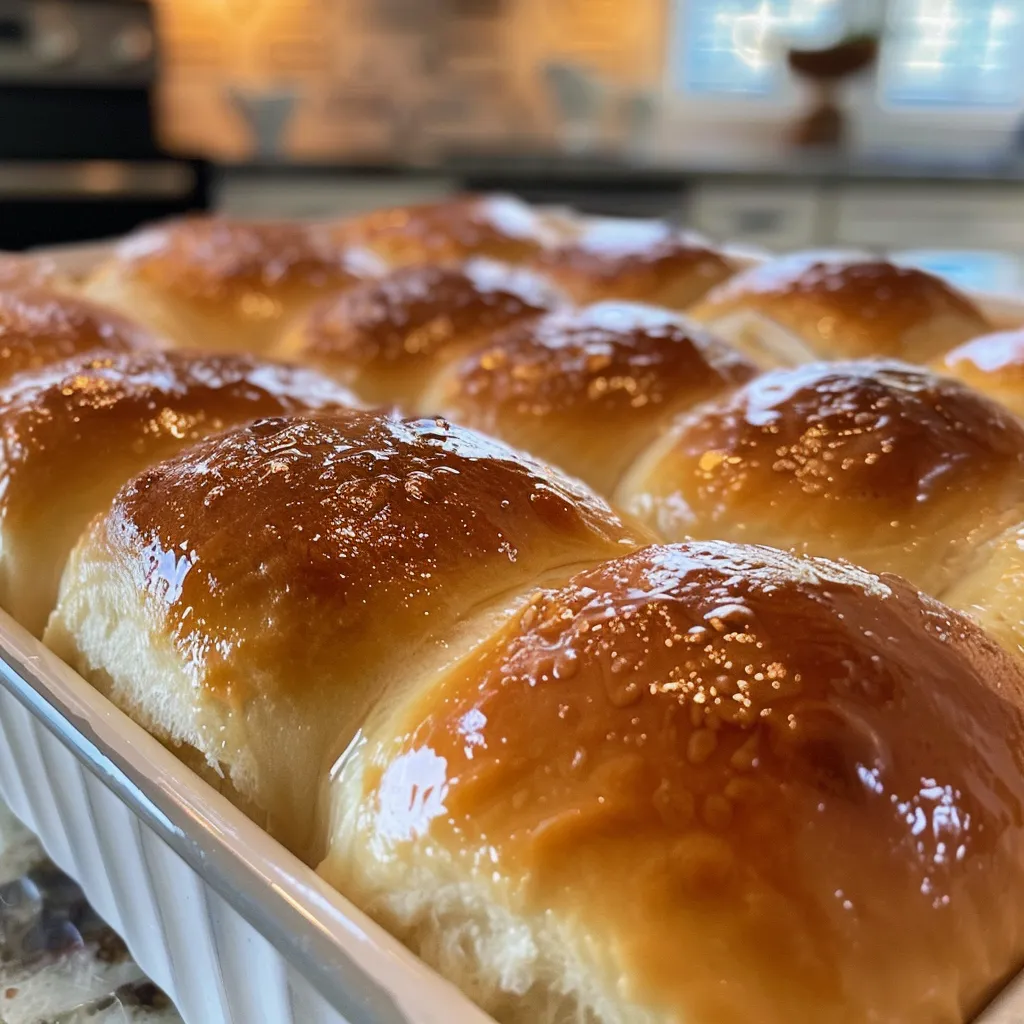 A side view of freshly baked, shiny dinner rolls with a soft texture.