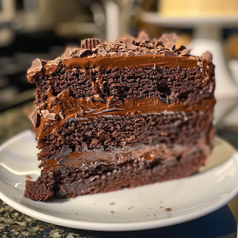 Close-up side view of a rich Double Chocolate Mocha Crunch Cake with layers showing.