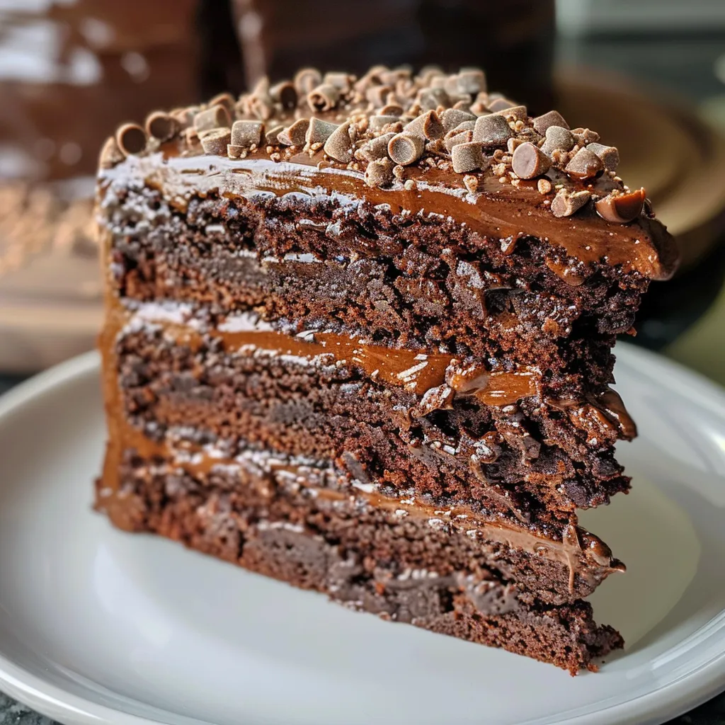 Side angle of a decadent Double Chocolate Mocha Crunch Cake, highlighting its chocolate layers and texture.
