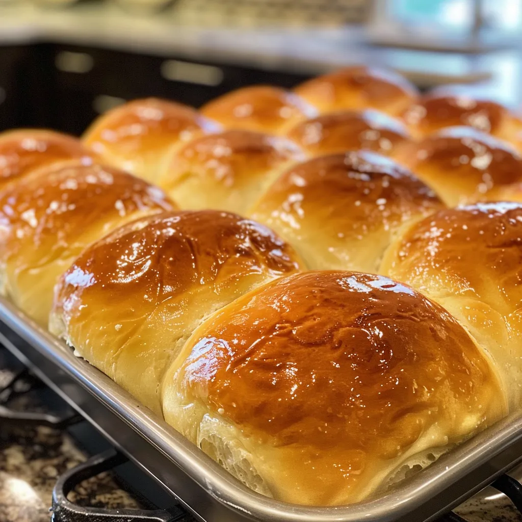 Side view of fluffy dinner rolls, showcasing a warm, inviting color.