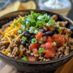 Close-up of a hearty beef burrito skillet with vibrant toppings.