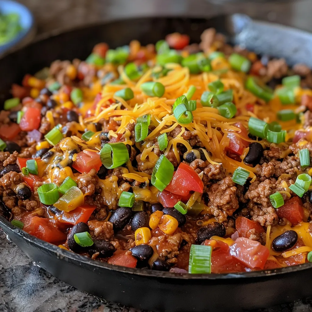 A colorful beef burrito skillet showcasing melted cheese and fresh ingredients.