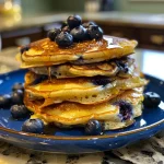 Close-up view of golden blueberry pancakes stacked on a plate.
