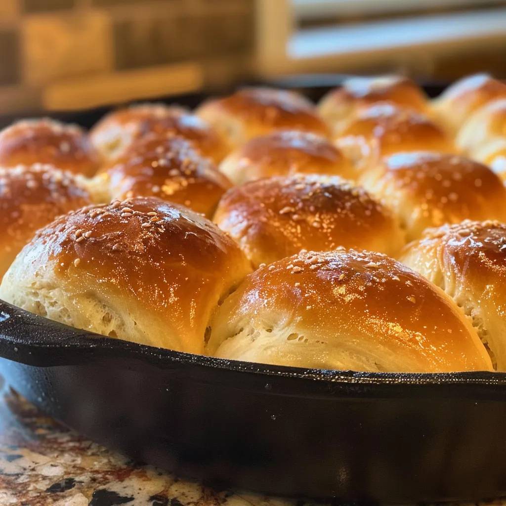 Side view of freshly baked dinner rolls with a soft, fluffy texture.