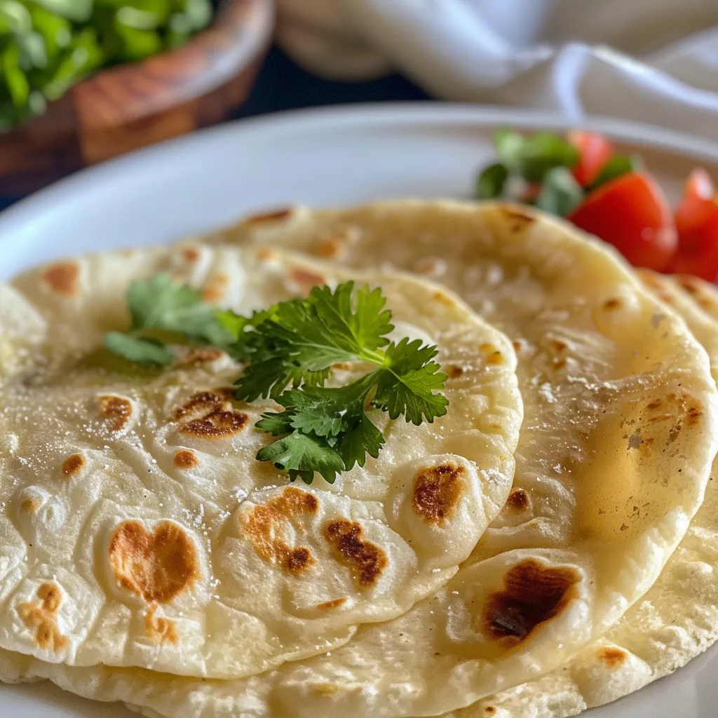 Side view of a soft flour tortilla with visible texture and warmth.