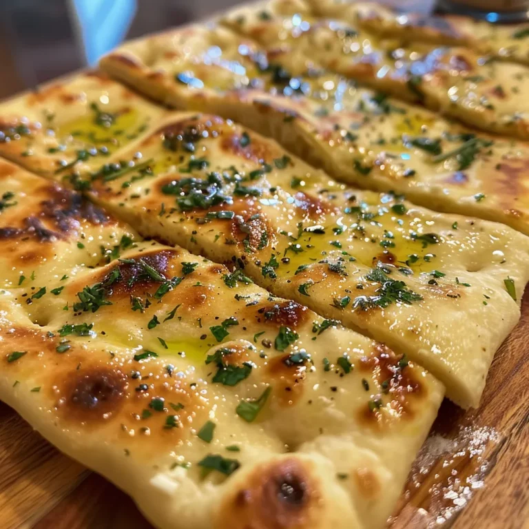 Close-up view of golden-brown garlic flatbreads arranged on a wooden board.