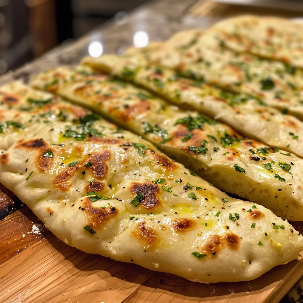 Side view of freshly baked Easy Garlic Flatbreads with a brushed butter glaze.