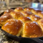 Close-up view of golden brown Easy Skillet Rolls stacked on a plate.
