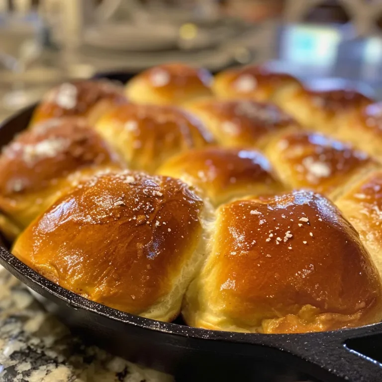Close-up view of golden brown Easy Skillet Rolls stacked on a plate.