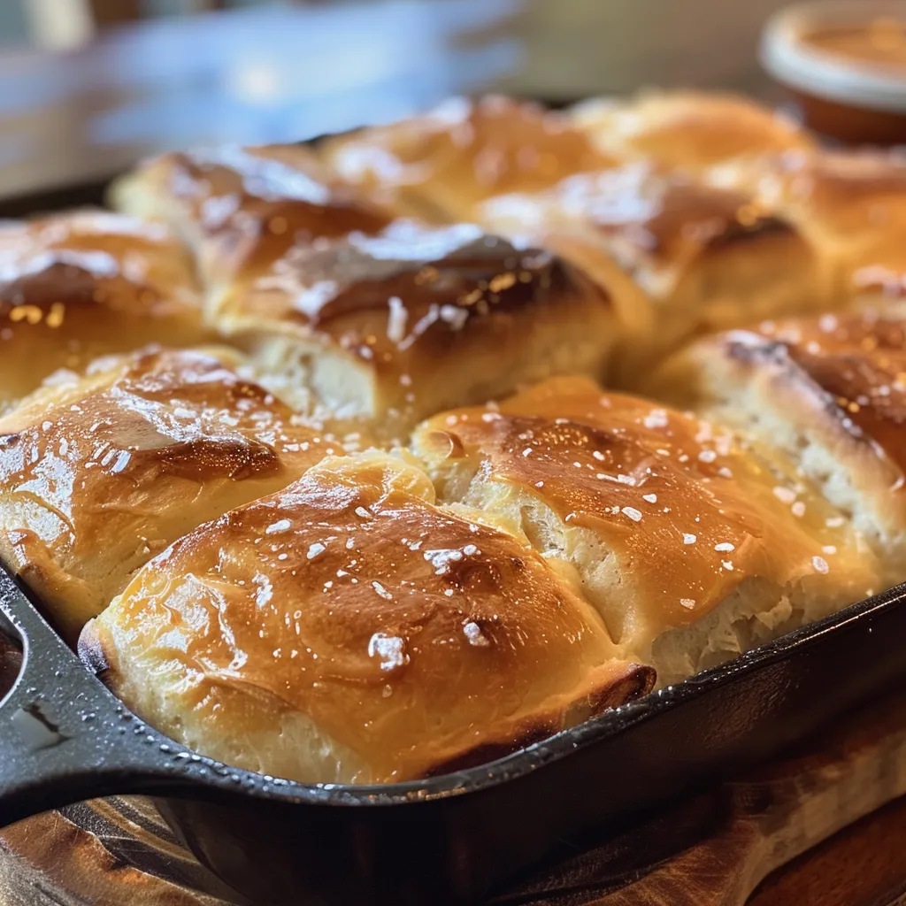Juicy Easy Skillet Rolls, freshly baked and brushed with melted butter, on a rustic wooden table.
