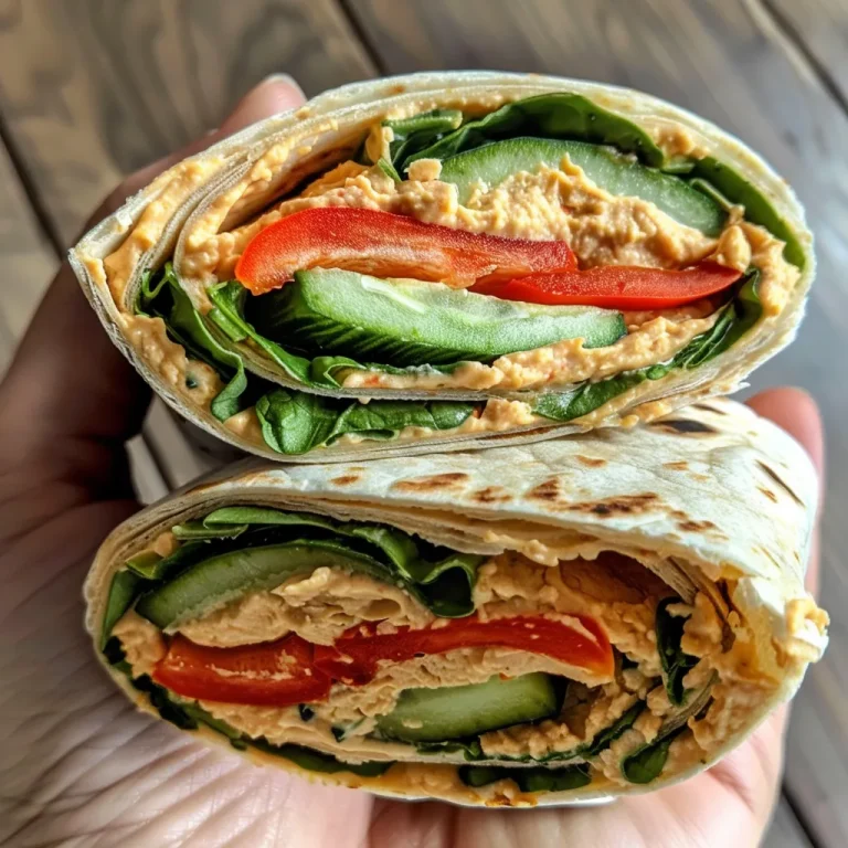 Close-up view of a colorful vegan hummus wrap with fresh vegetables and hummus visible.