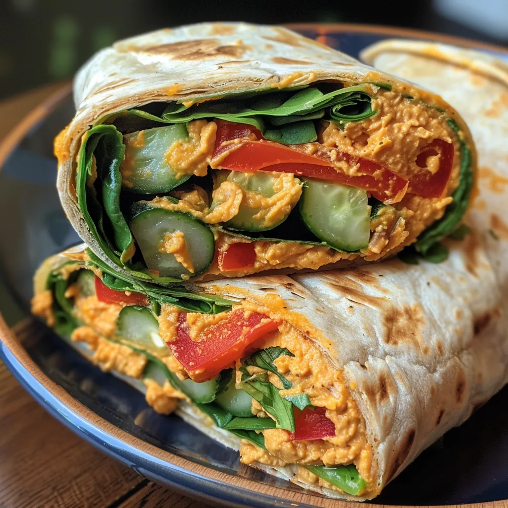 Side view of a juicy vegan wrap filled with red bell pepper, cucumber, and spinach.