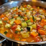 Close-up of a hearty vegetable soup in a bowl with vibrant colors.