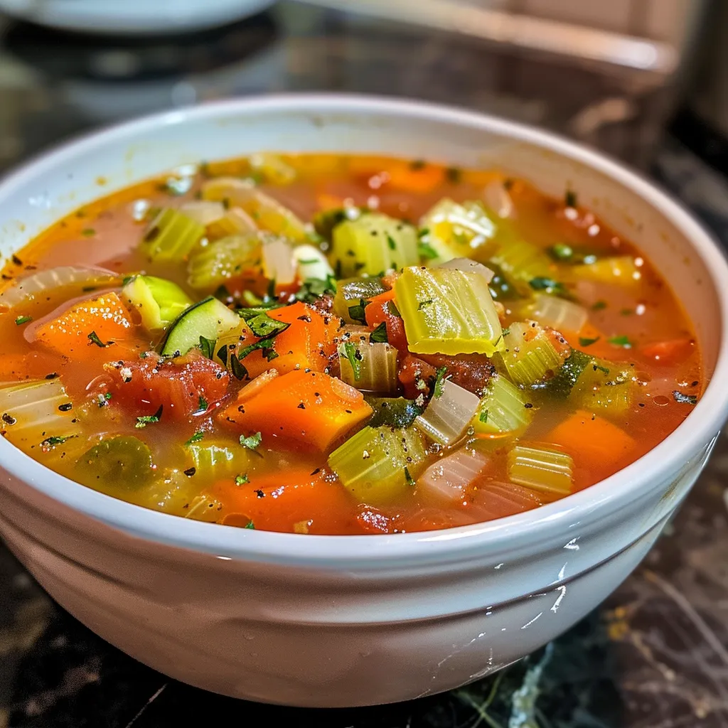 Side view of a steaming bowl of easy vegetable soup filled with fresh ingredients.
