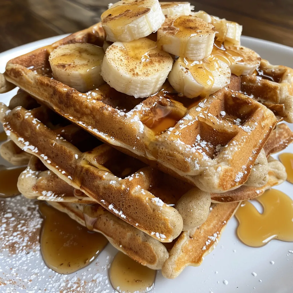 Close-up view of fluffy flourless banana oat waffles garnished with sliced bananas and a drizzle of honey.