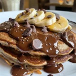 Fluffy chocolate banana protein pancakes stacked high with chocolate chips.