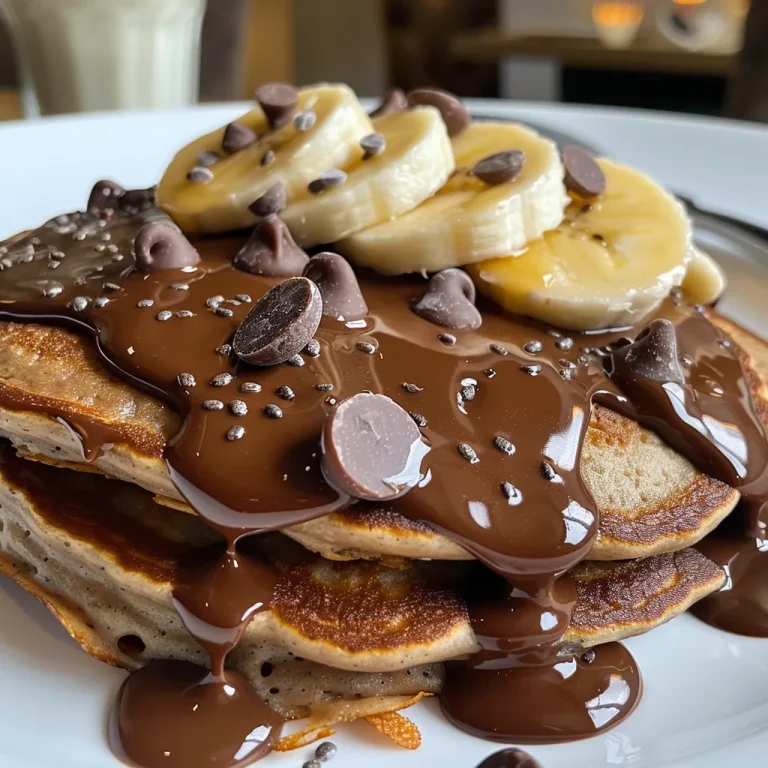 Fluffy chocolate banana protein pancakes stacked high with chocolate chips.