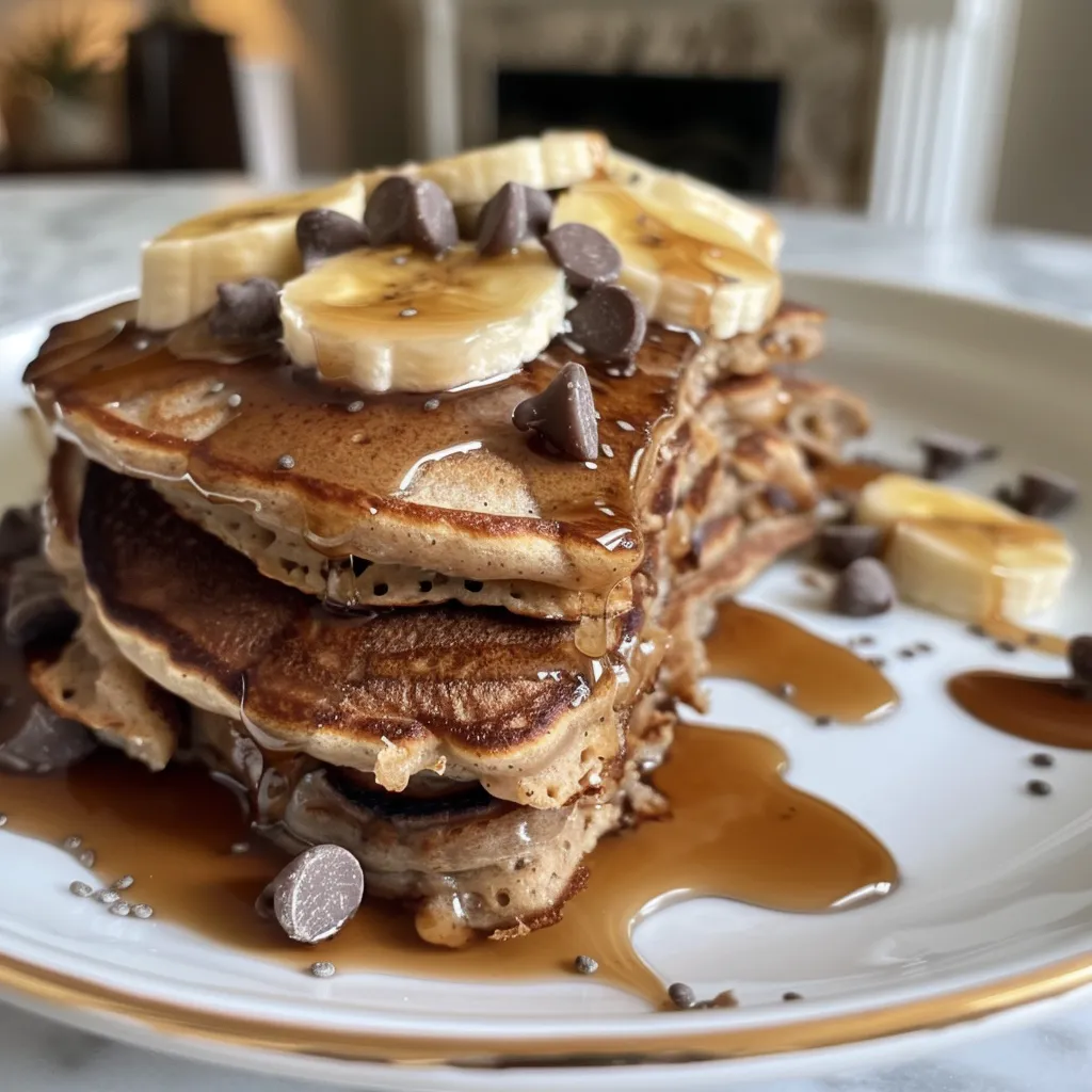 Side view of light and fluffy pancakes topped with mini chocolate chips.