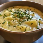 Close-up view of creamy French Potato Leek Soup in a bowl, garnished with chives.
