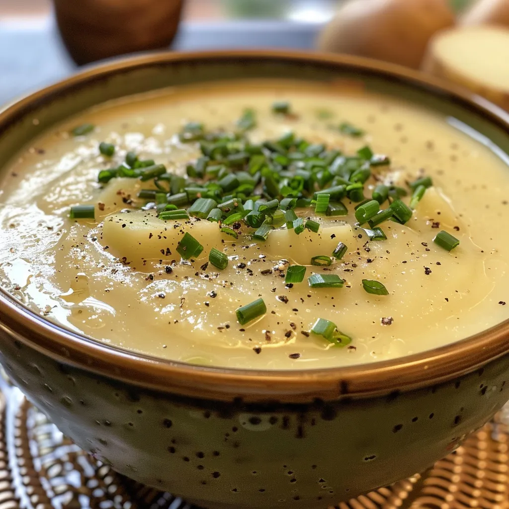 Side view of a filled bowl of French Potato Leek Soup, showcasing the smooth texture and leeks.