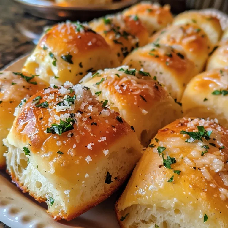 A close-up side view of golden-brown garlic bread rolls, glistening with melted butter.