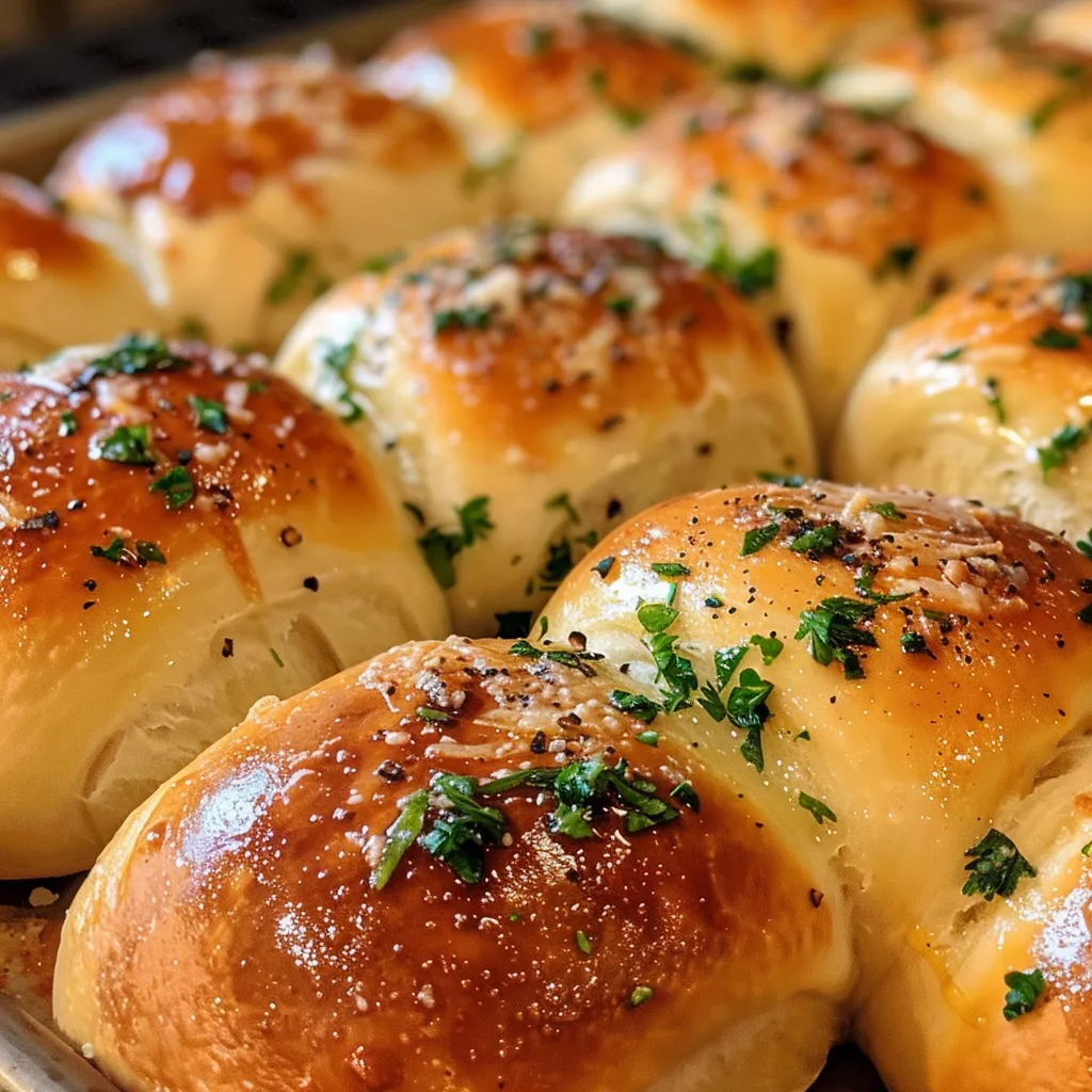 Juicy garlic bread rolls displayed in a rustic setting, showcasing their fluffy texture.