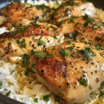 Close-up view of juicy garlic butter chicken served with creamy Parmesan rice.