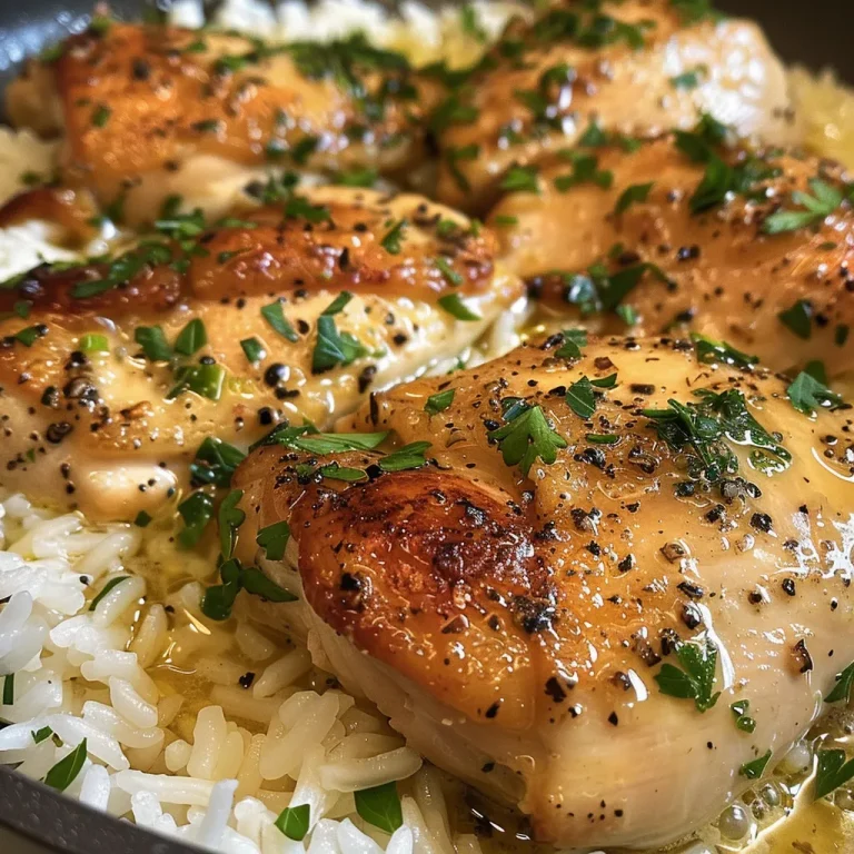 Close-up view of juicy garlic butter chicken served with creamy Parmesan rice.