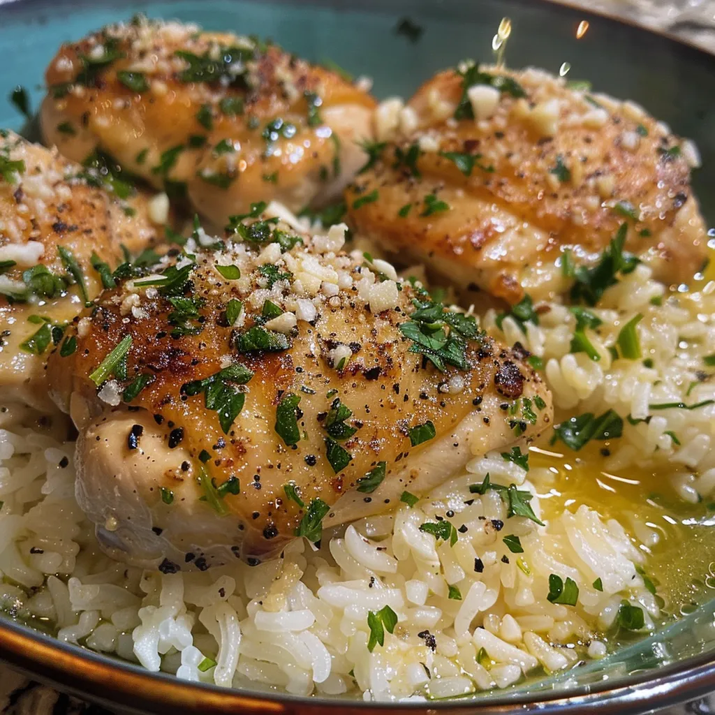 Side view of succulent chicken in garlic butter sauce, accompanied by Parmesan rice.