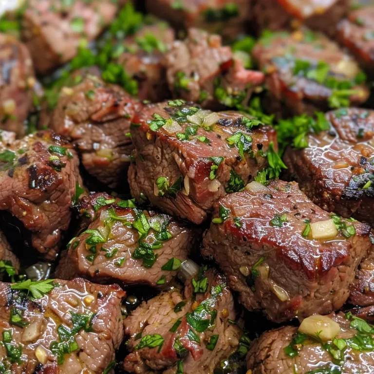 Close-up view of juicy garlic butter steak bites garnished with parsley.